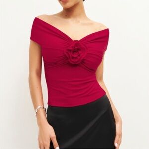Reformation Emerald Knit Rosette Top in Color Lip Stick